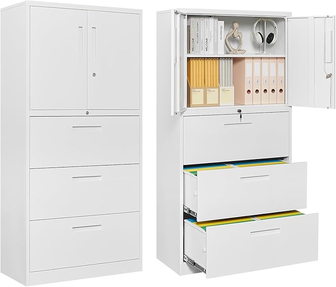 3-Drawer Metal File Cabinet, Lateral Vertical Filing Cabinets for Home Office, Locking Cabinet with Storage Shelves, Legal/Letter/A4 Size Office File Cabinet,(White, Assemble Required)
