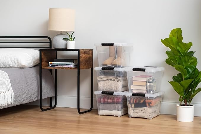 IRIS USA 19 QT Plastic Storage Box with Lid and Latches - 4 Pack - BPA-Free, See-Through Organizing Solution, Durable Nestable Stackable Containers, Secure Pull Handle - Clear