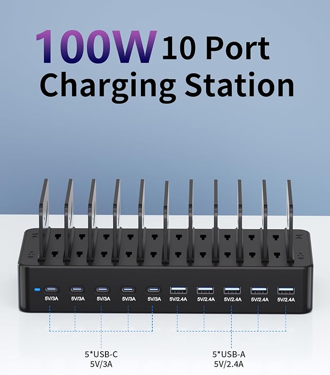 100W Charging Station for Multiple Devices, 10-Port USB Fast Charging Station with Adjustable Dividers & 10 Cables- Multi Device Organizer Charging Dock for iPhone, iPad, Tablets & More