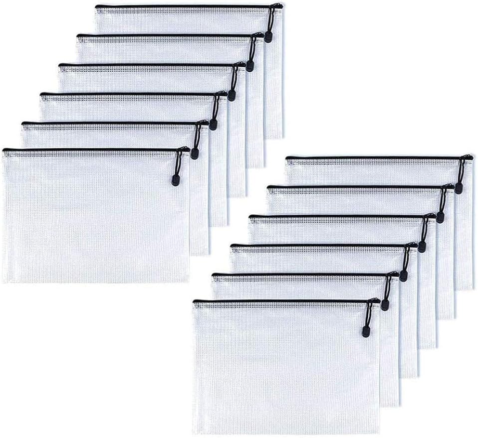 Oaimyy-A5(9"x 7",12 Pcs),Plastic Mesh Zipper Pouch Document Folders Bag & Zip File Folders for School Office Supplies, Travel,Puzzles Games Organizing Storage-Black