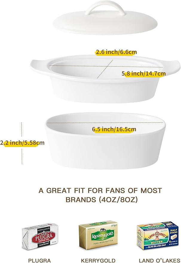 Butter Dish with Lid for Countertop - Porcelain White, 3pcs Large Butter Dish with Lid, Butter Keeper Container with Waterline Pefect for Daily Storage, Butter Holder with Handle - for Kitchen Decor