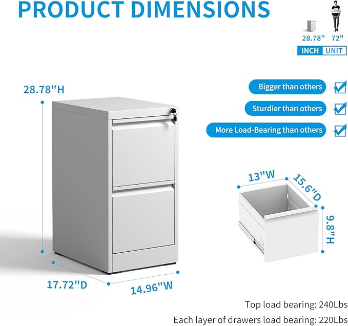 2 Drawer File Cabinet with Lock, Vertical Metal Filing Cabinet Under Desk Storage Cabinet, Legal Letter File Cabinets for Home Office, Easy Assemble (White)