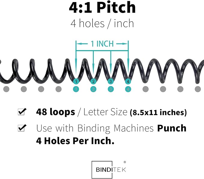 Binditek 50 Pack Plastic Spiral Binding Coils, 28mm (1-1/8"), 240 Sheet Capacity, 4:1 Pitch, Black, 48 Loops, for Letter Size, for Students and Coworkers