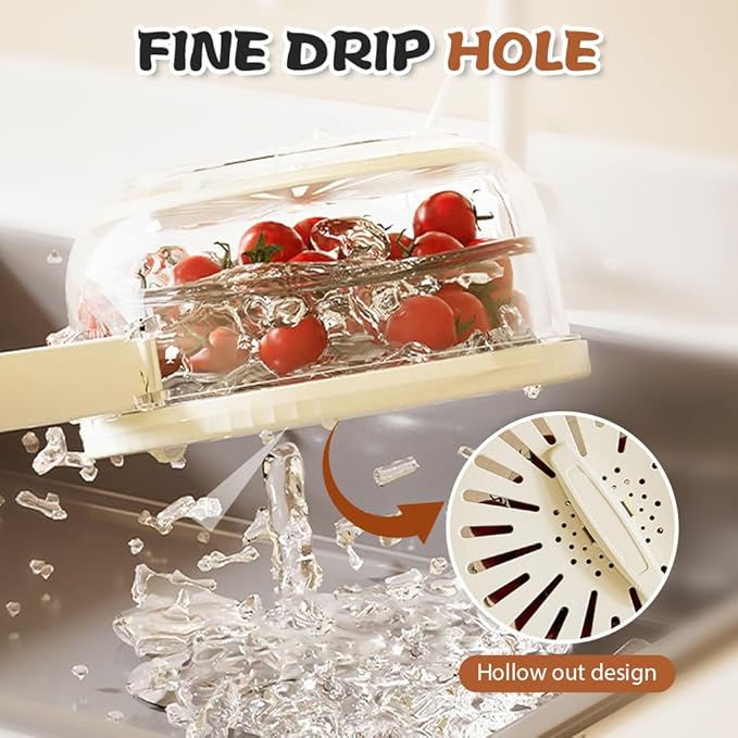 Multi-Functional Fruit and Vegetable Washing Bowl, Fruit Strainer Container with Lid, 2 In 1 Sealed Drainer Basket, Drainer and Freshness Basket, Kitchen Tool with Foldable Handle (White)