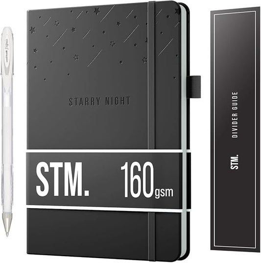 Black Paper Bullet Dotted Journal Notebook | B5 Starry Night by Scribbles That Matter | Free white gel pen | 160gsm Blackout no-bleed dot grid paper | For Men and Women | 7 x 10 in | Black