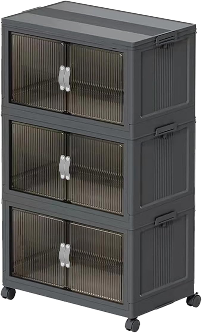 Stackable Storage Bins, Plastic Storage Bins with Lid and Wheels, Collapsible Storage Containers with Magnetic Doors, Foldable Storage Boxes for Home, Pantry, Office (M, Gray 3-Tier)