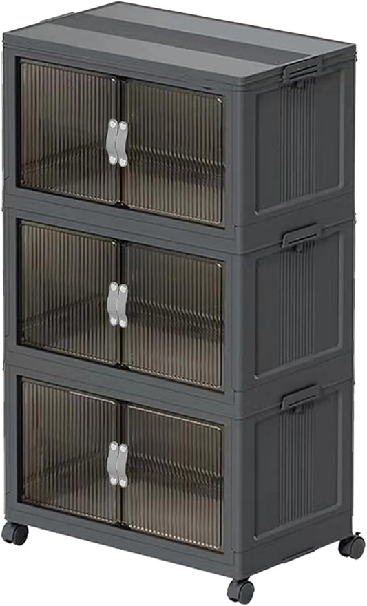Stackable Storage Bins, Plastic Closet Organizer Folding Container with Lid & Wheel, Collapsible Storage Cabinet with Door, Foldable Storage Boxes for Home, Pantry, Office (L, Gray 3-Tier)