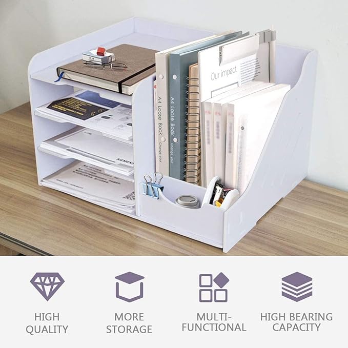 SONGWAY File Organizer for Desk - 4 Tier Vertical and Horizontal Document Holder, File Sorter, A4 Paper Storage Holder, Desktop Organizer for Home Office School Decoration, White