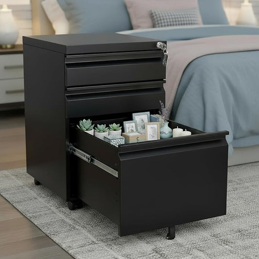 Black Metal 3-Drawer Mobile File Cabinet with Lock, Letter/Legal/A4 Filing Drawer, Rolling Office Storage with 5 Casters, Fits Under Desk, 15.35" W x 17.71" D x 23.62" H