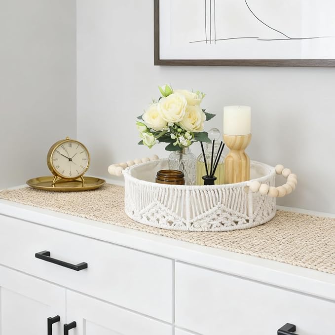 Handwoven Storage Basket Organizer with Wooden Beads Handles, Boho Decor Round Macrame Shelf Basket for Bedroom Living Room Entryway Decorative Counter Home Decor, White
