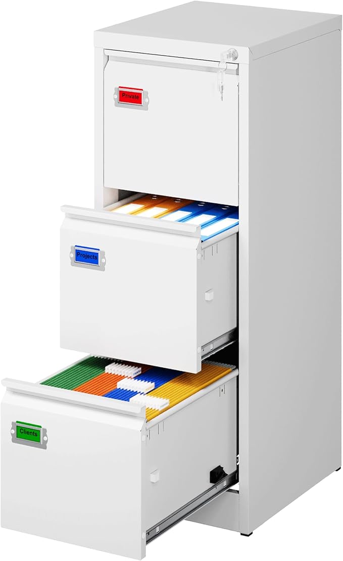 3-Drawer File Cabinet with Lock, 16.3" Deep Vertical Filing Cabinets, Metal File Cabinets for Home Office, Anti-Tip 3 Storage Drawers for Letter/Legal/A4/F4 Size (Assemble Required, White)