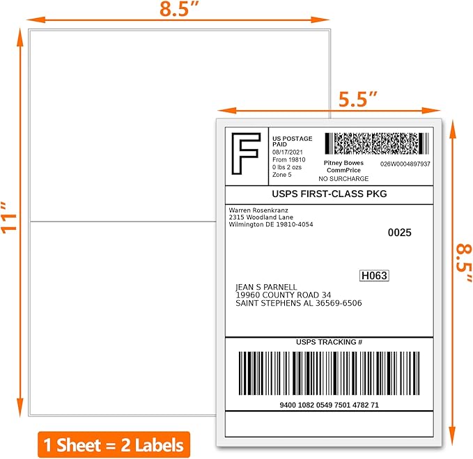 100 Half Sheet Shipping Labels 5-1/2" X 8-1/2" Address Blank Labels Laser/Ink Jet