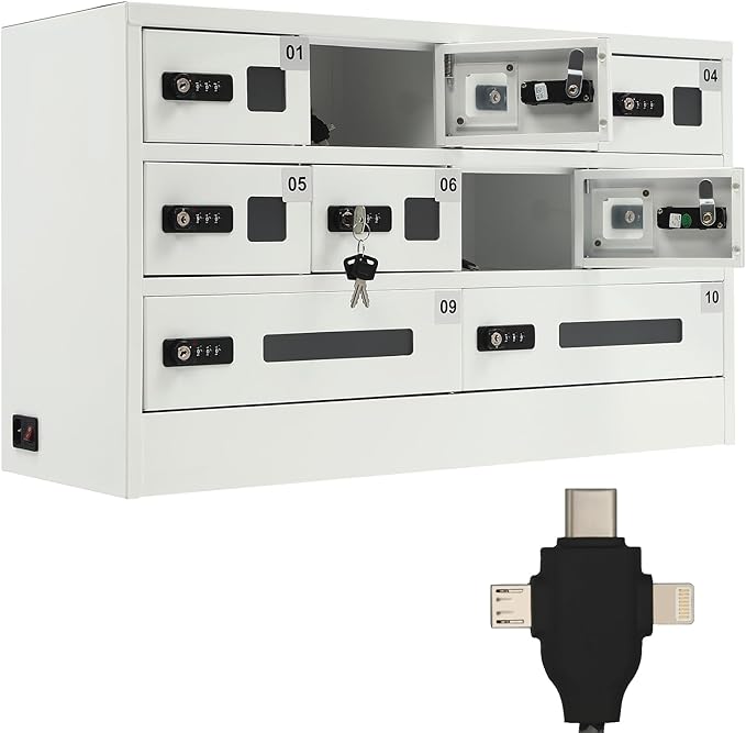 10 Slot Cellphone Charging Station Cell Phone Locker with Combination Lock, Cellphone Storage Cabinet with 3 in 1 QC3.0 Fast Charging Ports for Most Phones Tablets, for Office Classroom