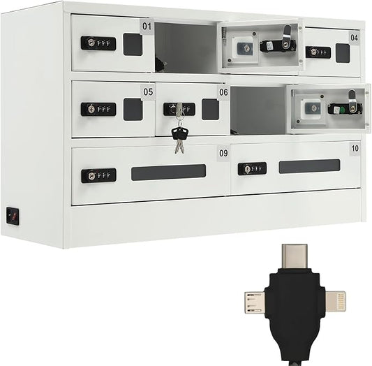 10 Slot Cellphone Charging Station Cell Phone Locker with Combination Lock, Cellphone Storage Cabinet with 3 in 1 QC3.0 Fast Charging Ports for Most Phones Tablets, for Office Classroom