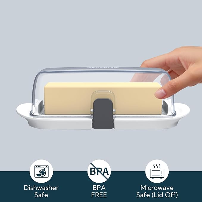 KITCHENDAO Airtight Butter Dish with Lid for Countertop and Refrigerator Door Shelf, Butter Holder with One Press to Open/Close Secure Latching Buckle, Butter Keeper for West/East Coast Butter (White)