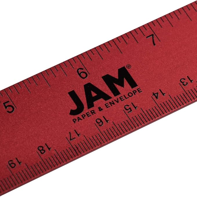 JAM PAPER Strong Aluminum Ruler - 12 Inch - Metal Ruler with Non-Skid Cork Backing - Red Metallic - Sold Individually