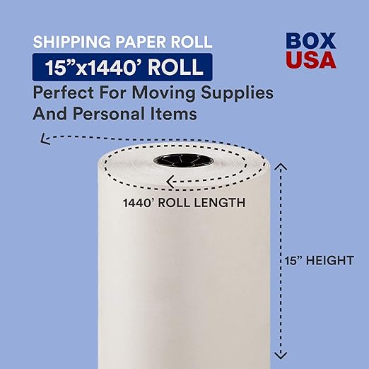 BOX USA Packing Paper Roll 1440'L x 15"W - 1,000 Sheets 17” Long Equivalent - Large White Newsprint for Shipping, Packaging, Storage and Moving Supplies