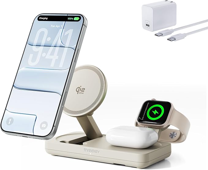 THREEKEY 3 in 1 iPhone 17 Charging Station,MagSafe Charger Compatible, Qi2 25W MFi Certified Wireless Charger Stand for iPhone 17/16/15/14/13/12, Apple Watch, AirPods(45W Adapter Included)