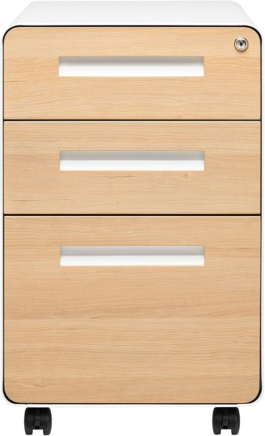 Laura Davidson Furniture Stockpile 3 Drawer File Cabinet with Lock - Under Office Desk Metal Filing Cabinet, Legal/Letter File Folders, Wheels and Stationary Feet, Pre-Assembled, White/Wood