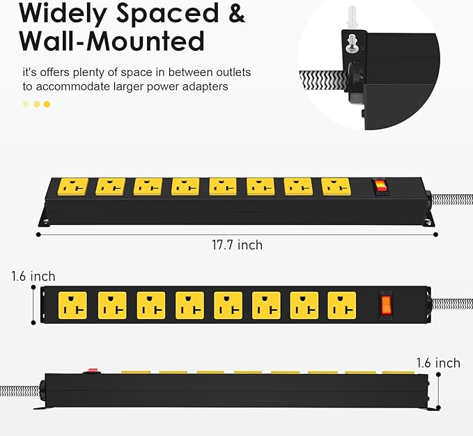 20Amp Power Strip Surge Protector, Durable Metal 8-Outlets with Heavy Duty 20 amp 15Ft 12 Gauge Extension Cord for Garage Workshop & Industrial Use, 1200J