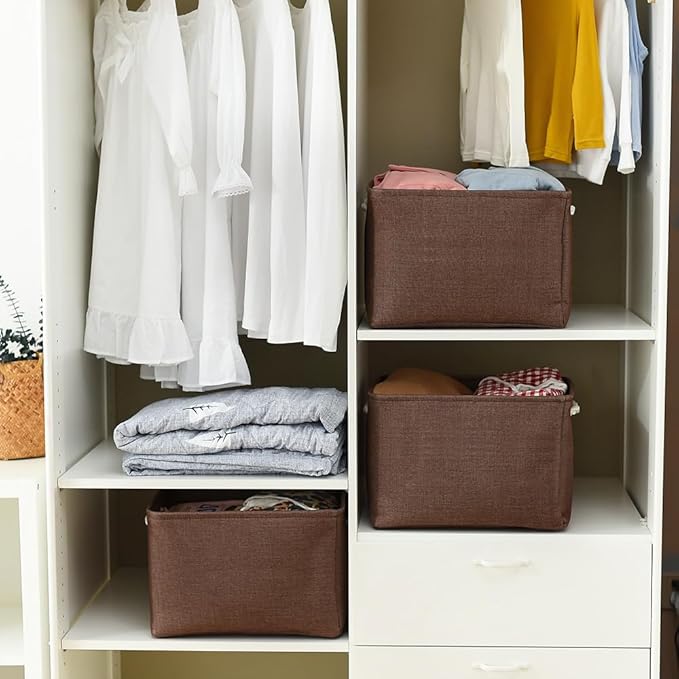 TheWarmHome Organization and Storage Basket for Shelves - 3 Pack 16x12x12 inch Fabric Storage Cubes, Cube Storage Bin for Organizing Closet Cloth Organizer Gift Toy (White & Brown)