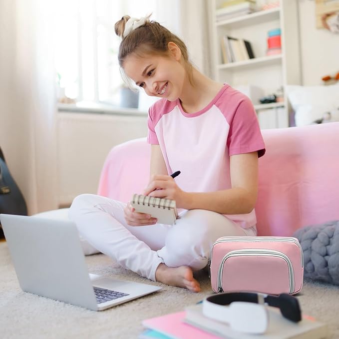 XQXA Pencil Pouch Cute Large Pencil Case Organizer, Multifunctional Big Capacity Pencil Pouch with 3 Compartmens, aesthetic school supplies Pencil Bag for Office Travel Men Women (01-Cherry Pink)