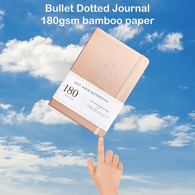 BUKE Dotted Notebook Journal 180GSM Bamboo Thick White Paper 160 Pages 5 * 5MM Dot Grid, Lay Flat Binding,Colored Silver Edges, Bookmarks and Expandable Back Pocket (BKP-4) ROSE