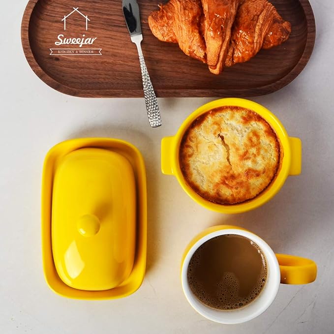Sweejar Ceramic Butter Dish with Lid for Countertop,Porcelain Butter Keeper with Knob Handle,Butter Container for East/West Coast Butter, 7 inches (Yellow)