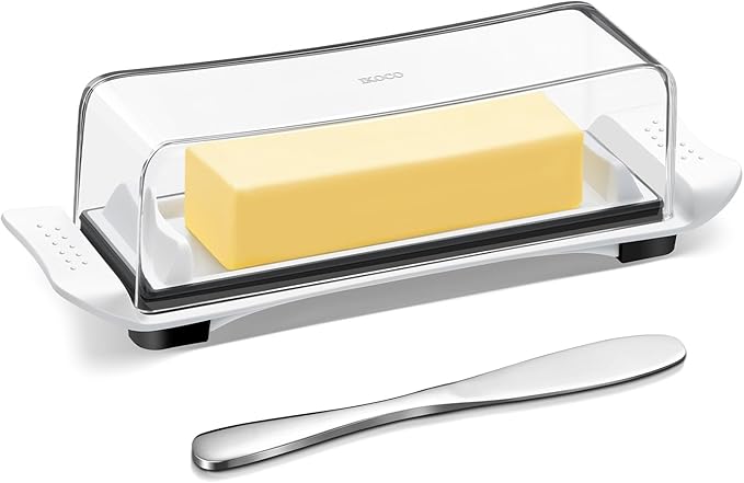 Butter Disher with Lid, IKOCO Butter Keeper Container for Refrigerator and Countertop Use with Butter Knife, White