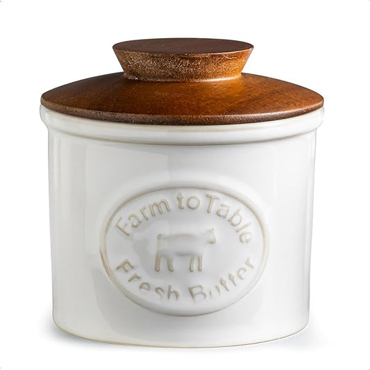 Ceramic Butter Dish With Lid, Butter Crock for Countertop, French Butter Keeper Holder for Spreadable Butter, Cream White