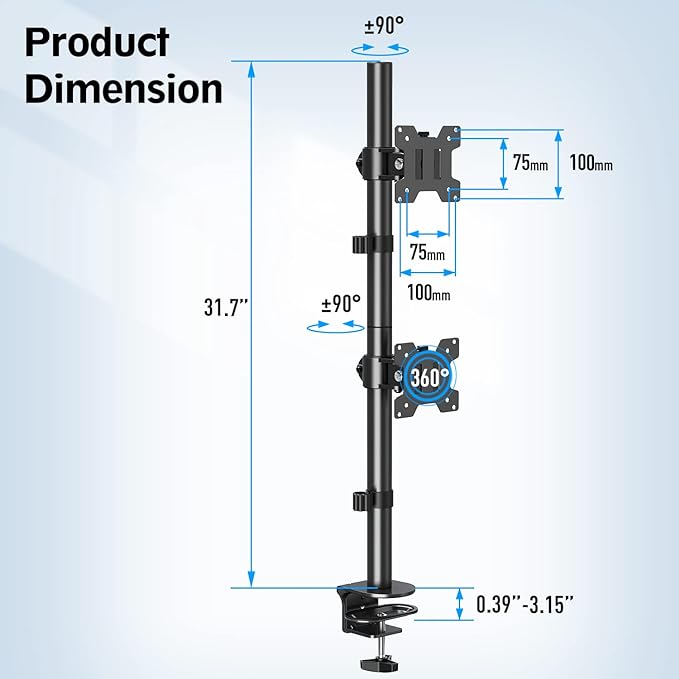 MOUNTUP Dual Monitor Stand, Vertical Monitor Mount for 2 Max 32 inch Stack Screen Monitors, Height Adjustable, Swivel, Tilt Monitor Desk Mount with C Clamp Grommet Base, MU3004