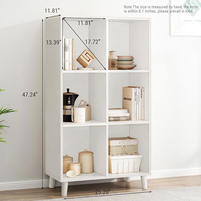 IOTXY Open Cube Low Bookcase - 3-Tier Freestanding Storage Display Cabinet Organizer with Legs for Home Office, 6-Cubes Open Shelf Short Bookshelf, White