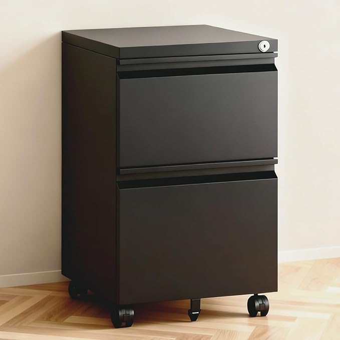 2 Drawer File Cabinet with Lock,Under Desk Rolling Small Filing Cabinet for Home Office Storage, Mobile Steel Cabinets with Wheels, Fully Assembled, Black
