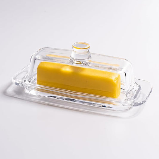 Glass Butter Dish with Cover, Clear Crystal Butter Holder Tray with Lid for Countertop Refrigerator