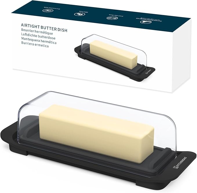 KITCHENDAO Airtight Butter Dish with Lid for Countertop and Refrigerator Door Shelf, Butter Keeper, Plastic Butter Holder Tray Container for West/East Coast Butter, Black