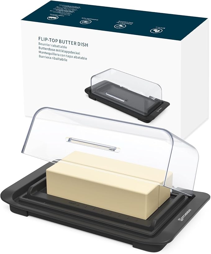 KITCHENDAO Airtight Flip-Top Butter Dish with Lid for Countertop and Refrigerator, Butter Keeper, Plastic Butter Holder Tray for 2 Sticks East Coast/West Coast/European Style/ Kerrygold Butter (Black)