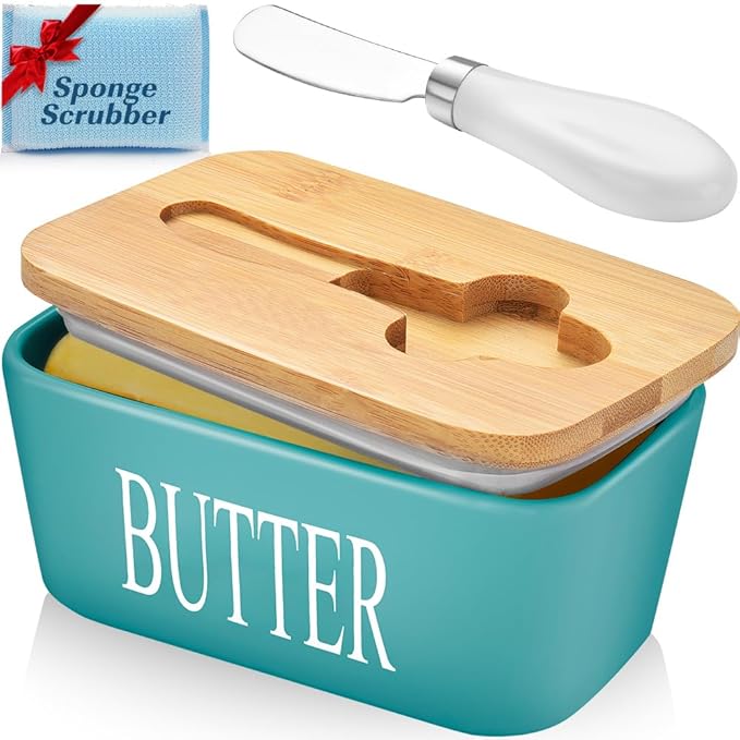 Butter Dish with Lid: Large Butter Container for Countertop - Ceramic Butter Holder for Counter - Butter Tray Butter Keeper with Knife and Sponge Scrubber - Perfect for 2 Sticks of Butter Green