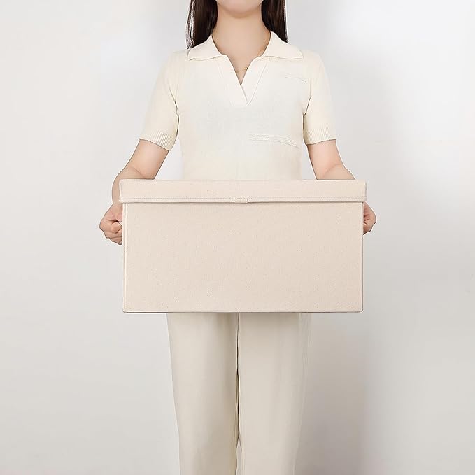 Foldable Storage Bins with Lids Cotton Canvas Rectangular Storage Box Ideal for Organization Lightweight and Durable (L)