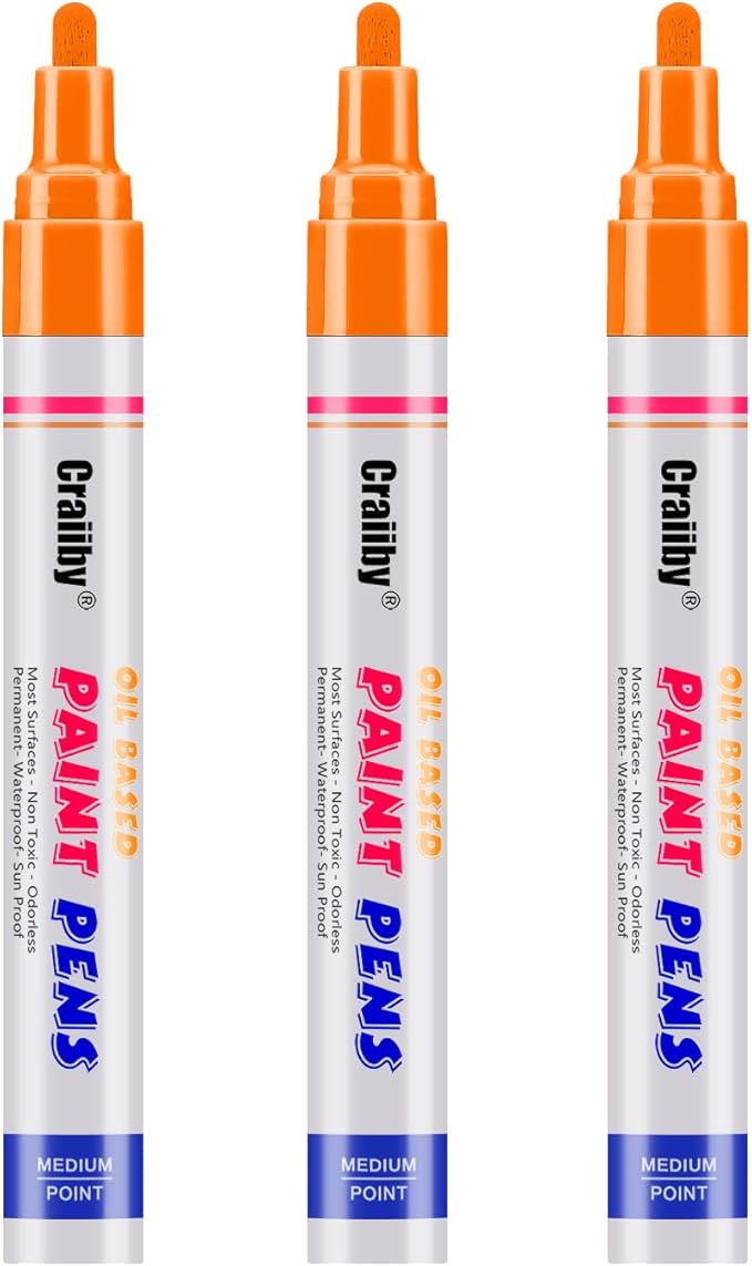 Orange Paint Markers, 3 Pack Oil-Based Waterproof Quick Dry Permanent Paint Pen Set for Rocks Painting, Wood, Fabric, Plastic, Canvas, Glass, Mugs, Metal, Tire, Stone, DIY Craft