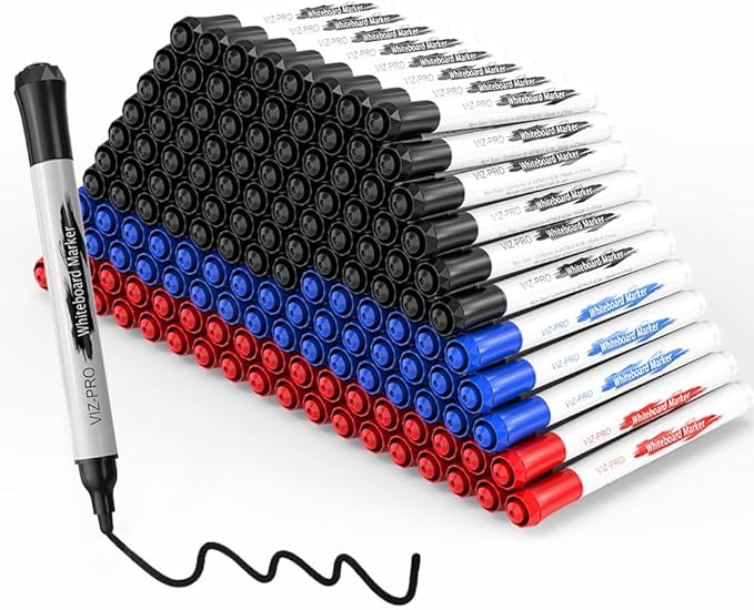 VIZ-PRO Dry Erase Markers Fine Bullet Tip, 3 Assorted Colors, 144 Pcs Low-Odor Whiteboard Pens