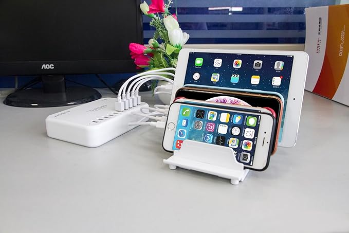 Adjustable Universal Cell Phone Dock Stand Holder, Tablet Organizer Multi Device Desktop Stand for iPhone Samsung Galaxy Google Nexus Kindle - No Charging Port (White)