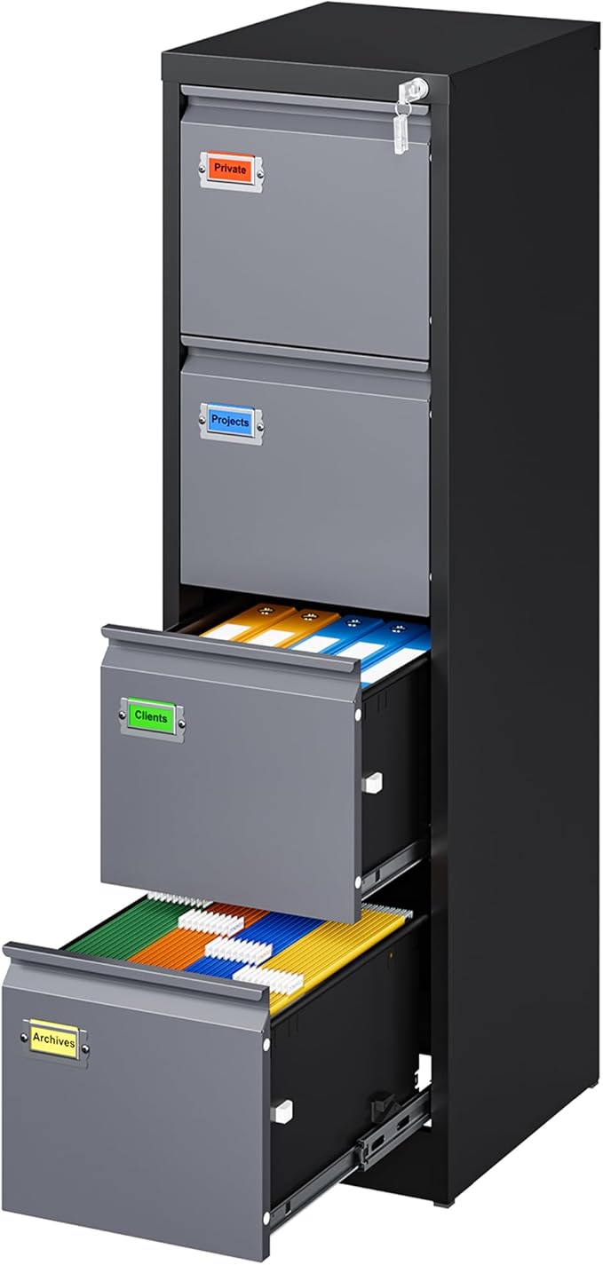 4 Drawer File Cabinet, Vertical Filing Cabinets with Lock, Metal File Cabinets for Home Office, Anti-Tip 4 Storage Drawers for Letter/Legal/A4/F4 Size (Assemble Required, Black)