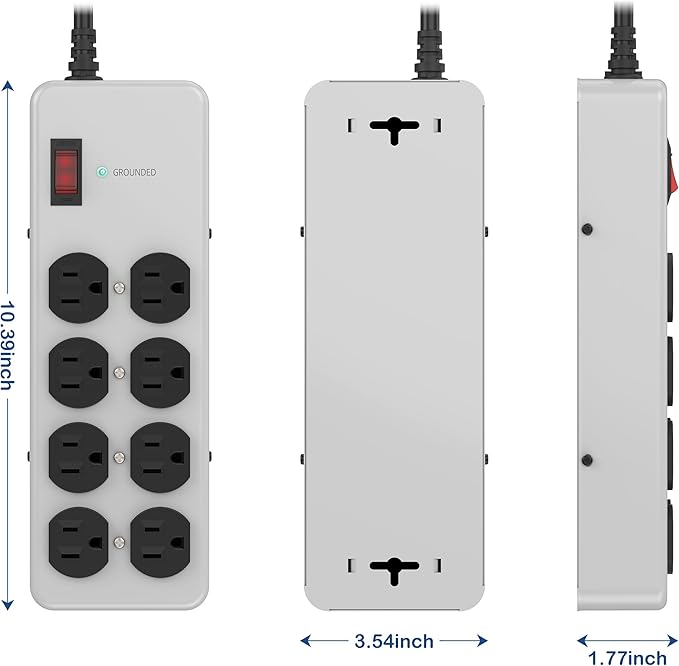 Heavy Duty Power Strip,Industrial Heavy Metal Case Surge Protector,8 AC Outlets,15Amp,2700 Joules,Protected' Indicator,14 Gauge Cord (Grey, 10FT Length)