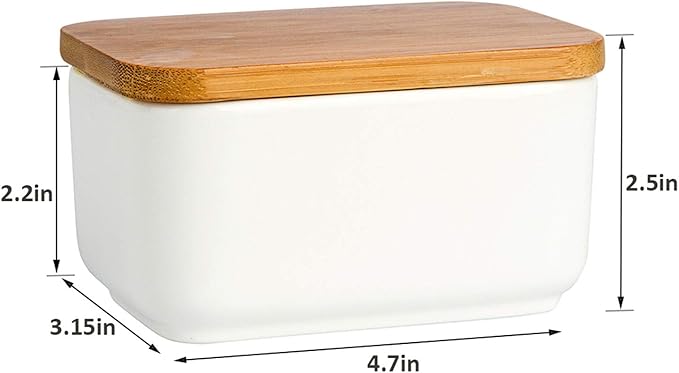 Porcelain Butter Dish with Lid,Ceramic Butter Dish with Bamboo Lip,Butter Keeper Container with Cover for Countertop or Refrigerator,Heat Resistant Kitchen Butter Storage Dish,White (300ml)