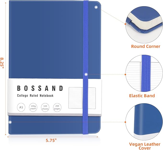 BOSSAND College Ruled Notebooks, 6 Pack A5 Lined Journal Notebooks, 200 Pages 100 GSM Thick Paper, Hardcover, 8.25 inches x 5.75 inches, Navy Blue
