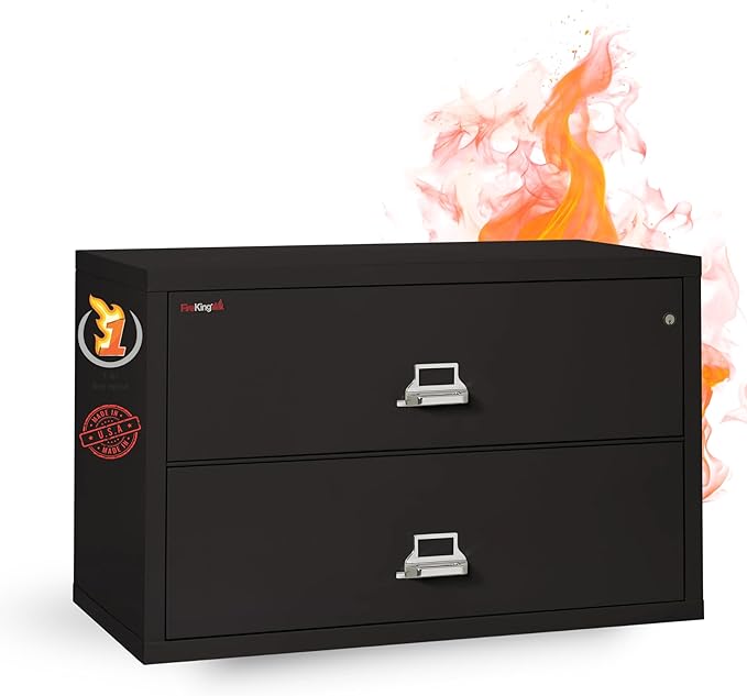 Fireking Fireproof Lateral File Cabinet (2 Drawers, Impact Resistant, Water Resistant), 27.75" H x 44.5" W x 22.13" D, Black