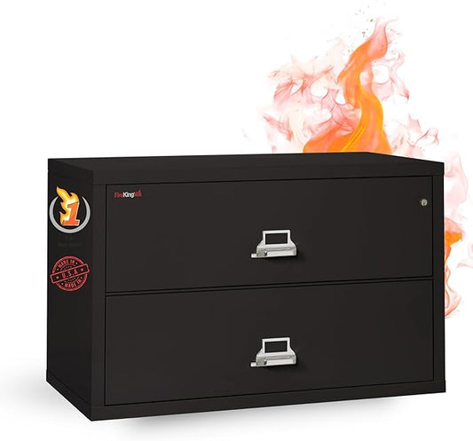 Fireking Fireproof Lateral File Cabinet (2 Drawers, Impact Resistant, Water Resistant), 27.75" H x 44.5" W x 22.13" D, Black