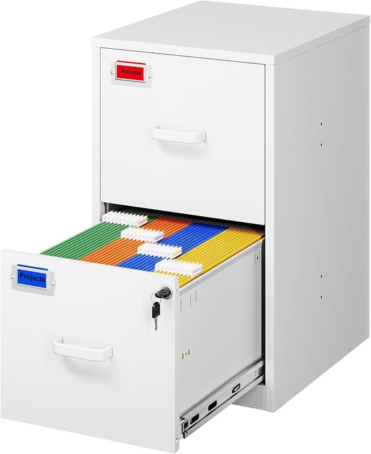 2 Drawer File Cabinet with Lock, 25.4" High Vertical Filing Cabinet, 17.7" Deep Metal Storage Cabinets for Home Office, Letter/Legal/A4/F4 Size, White(Assemble Required)