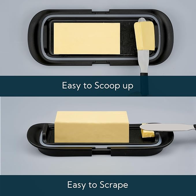 KITCHENDAO Airtight Butter Dish with Lid for Countertop and Refrigerator Door Shelf, Butter Holder with One Press to Open/Close Secure Latching Buckle, Butter Keeper for West/East Coast Butter (Black)