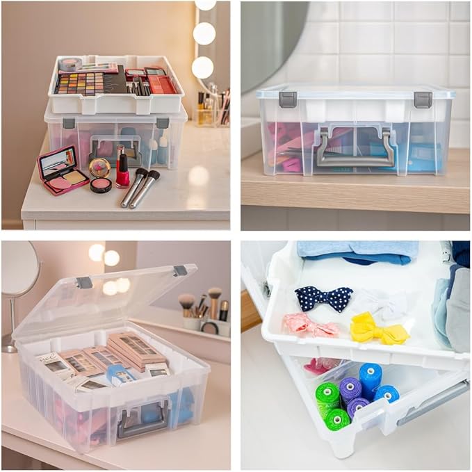 Best Kept Super Satchel Double Deep with Lift-Out Tray and Removable Dividers, Stackable Home Storage Organization Container, Clear with Sliver Latches and Handle